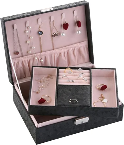 Vista 7 de YLOMAY Joyero con cerradura, organizador de tesoros, estuche de almacenamiento con pantalla de 2 capas, para aretes, pulseras, anillos, relojes