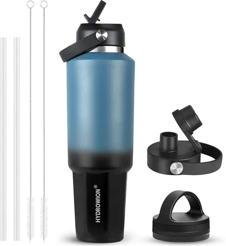 Vista 45 de HYDROWION Botella de agua aislada de 32 onzas, soporte para botella de agua para automóvil, botella de viaje aislada al vacío de doble pared