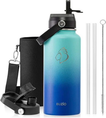Vista 45 de BUZIO Botella de agua aislada de 24 oz, frasco de agua de boca ancha de acero inoxidable con tapa de pajita, frío durante 48 horas a prueba de Negro