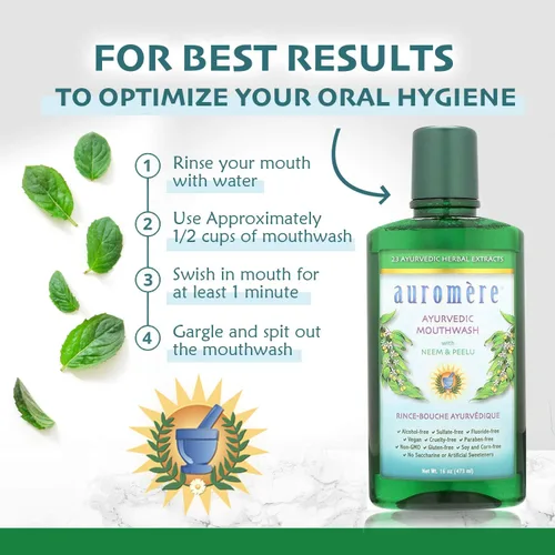 Vista 5 de Auromere Enjuague bucal natural ayurvédico para adultos y niños, enjuague bucal sin alcohol para mal aliento, sin flúor, enjuague oral de neem