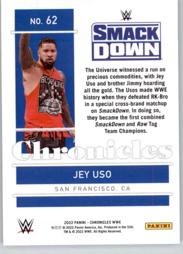 Vista 2 de 2022 Panini Chronicles #62 Jey Uso SmackDown Chronicles Official WWE Wrestling Card in Raw (NM or Better) Condition