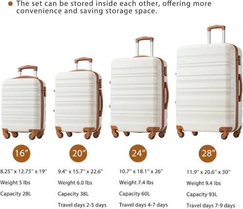 Vista 7 de LONG VACATION Juego de equipaje de 4 piezas de ABS hardshell TSA Lock Spinner Ruedas equipaje de mano en maleta, Blanco (White-Brown), Abs Hardshell