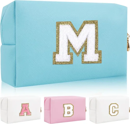 Vista 33 de Bolsa de maquillaje con parche de letra inicial personalizada, bolsa de cosméticos de chenilla preppy con letra de chenilla con cremallera, Y