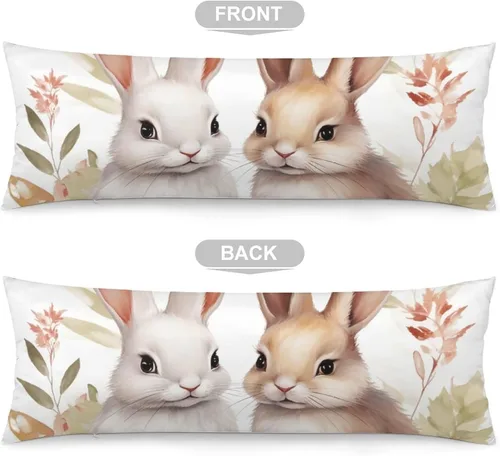 Vista 3 de Funda de almohada corporal con diseño de conejitos y hojas de bebé, funda de almohada grande con cremallera oculta, conejo de Pascua, funda larga