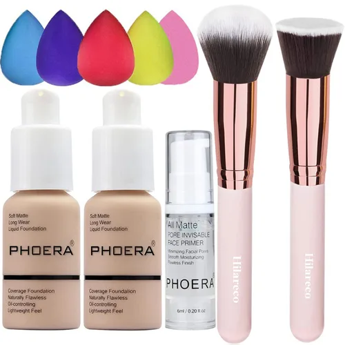 Vista 14 de PHOERA - Base de maquillaje mate de cobertura completa, brochas de maquillaje Kabuki (101 porcelana + 102 desnudos)