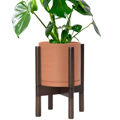 Vista 80 de D'vine Dev Maceta de cerámica con soporte de ébano – Maceta redonda moderna de 8 pulgadas con soporte para maceta de madera, color negro, 55-B-M-2