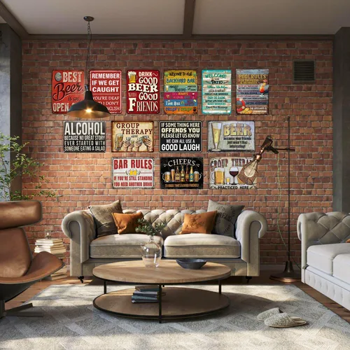 Vista 4 de Paquete de 8 letreros de metal divertidos para la pared del bar del hogar para decoración de cuevas de hombre, decoraciones retro de pub y regalos