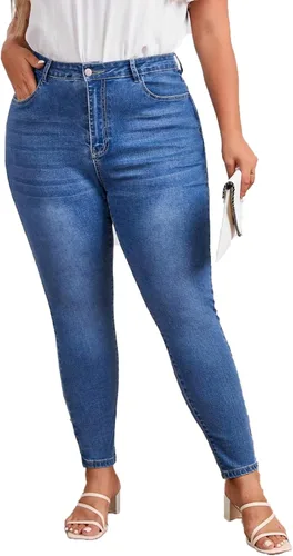 Vista 8 de KISSPLUS Pantalones de mezclilla ajustados de talla grande para mujer, cintura alta, lápiz de cintura alta, elásticos, pantalones de mezclilla