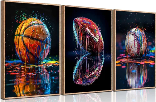 Vista 10 de 3 piezas de arte de pared en lienzo deportivo de graffiti para habitación de niños, rústico, fútbol, béisbol, fútbol americano, rugby, decoración