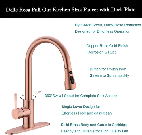 Vista 5 de Delle Rosa Grifo de cocina de cobre y oro rosa, montaje en cubierta, acero inoxidable 304, manija única, configuración de rociado de 3 vías, fácil