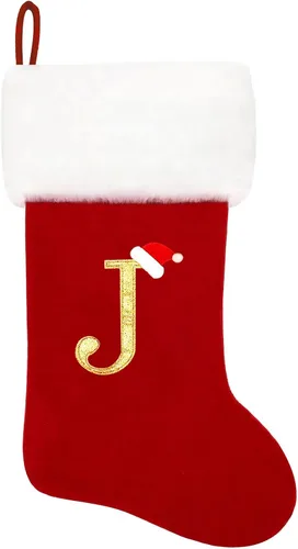 Vista 191 de Calcetines de Navidad bordados de 20 pulgadas con monograma, terciopelo negro con puño de felpa blanca supersuave, adornos clásicos para decoración