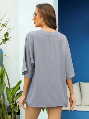 Vista 5 de Camisas de lino natural 100 % algodón para mujer, manga corta, ajuste holgado, casual, para verano