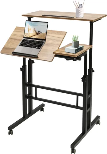 Vista 9 de Escritorio móvil de pie para computadora, estación de trabajo con ruedas universales, altura ajustable, doble panel inclinable, carrito