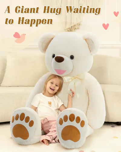 Vista 4 de Tezituor Oso de peluche gigante de 5 pies, suave y tierno oso marrón claro con patas grandes y pajarita, para novia o día de San Valentín