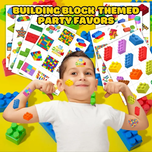 Vista 2 de 96 tatuajes temporales precortados de bloques de construcción, bonitos recuerdos de fiesta para niños, niños y niñas, suministros para fiestas