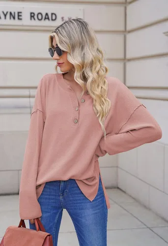 Vista 7 de Pink Queen Suéter de punto con cuello en V para mujer, de gran tamaño, manga larga tipo murciélago, estilo Henley