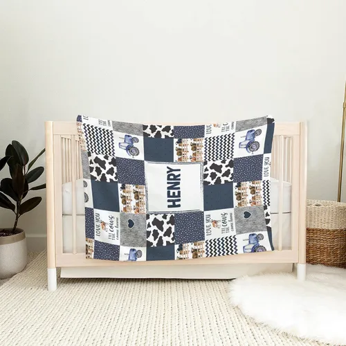 Vista 8 de Manta de bebé personalizada con estampado de vaca, manta de sherpa azul con nombre, diseño de animales de granja