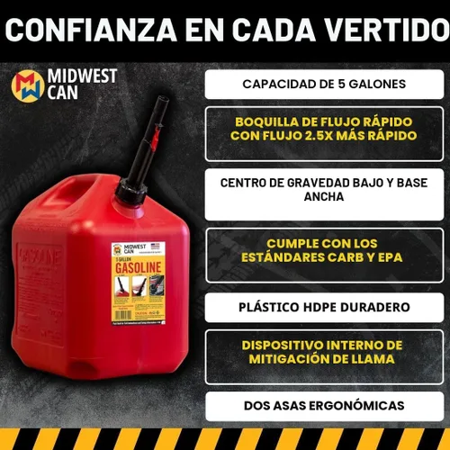 Vista 5 de Midwest Can Company 5610 - Recipiente de combustible para latas de gasolina de 5 galones con boquilla (paquete de 2)