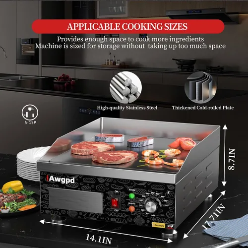 Vista 4 de Plancha eléctrica comercial de 14 pulgadas, plancha eléctrica de encimera plana, parrilla eléctrica superior plana de 110 V 1800 W, parrilla