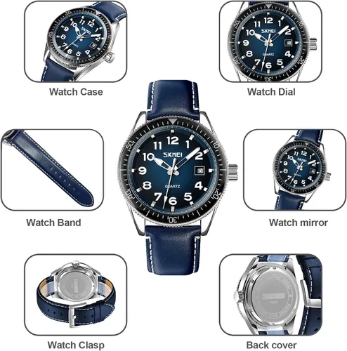 Vista 4 de SKMEI Mens Watches Waterproof Fashion BusinessAuto DateEasy to Read Reinforced Leather Strap Quartz Movement Wrist Watch for Men Black