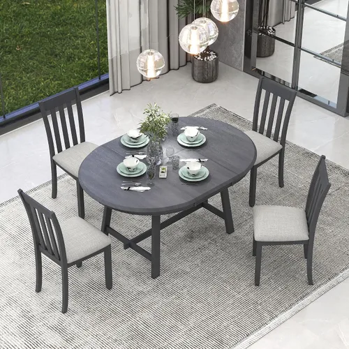 Vista 6 de Juego de mesa de comedor de madera de 5 piezas, mesa de comedor redonda extensible con 4 sillas de comedor, juego de mesa de cocina