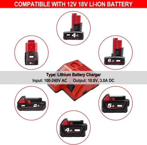 Vista 5 de Worthmah Paquete de 2 baterías de 5.0Ah 18V y cargador de repuesto para batería Milwaukee M18 48-11-1850, compatible con cargador de batería m18