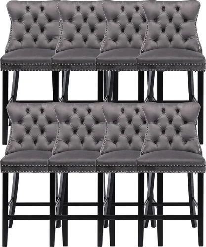Vista 23 de Taburetes de bar tapizados de terciopelo modernos de 27 pulgadas con patas de madera, botón con cabeza de clavo cromada, taburetes de bar con Beige