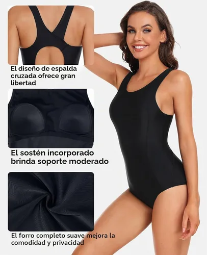 Vista 4 de beautyin Traje de baño deportivo de una pieza para mujer, con espalda cruzada y estilo modesto Negro