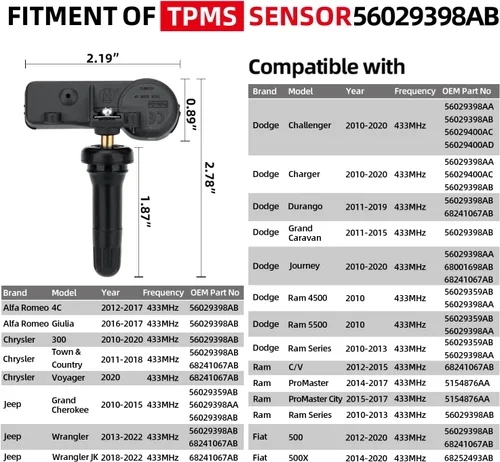 Vista 2 de 56029398AB Sensor de Sistema de Monitoreo de Presión de Llantas (TPMS) de 433MHz Compatible con Jeep Grand Cherokee Wrangler Dodge Charger
