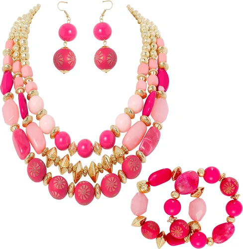 Vista 11 de Bocar Juego de Collar, Aretes y Pulsera de 3 Capas con Cuentas Gruesas, Conjunto de Joyería de Collar de Mujer de Múltiples Capas de Moda Amarillo