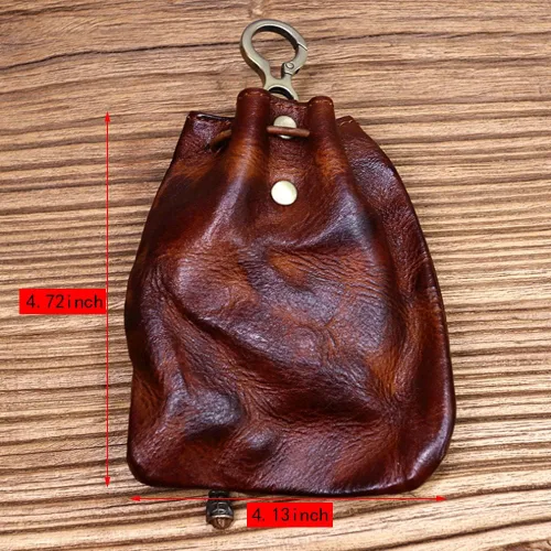 Vista 2 de Wugebud 1 llavero medieval de cuero, organizador de monedas, soporte para cambios, bolsa de cuero con cordón para hombres y mujeres, Marrón