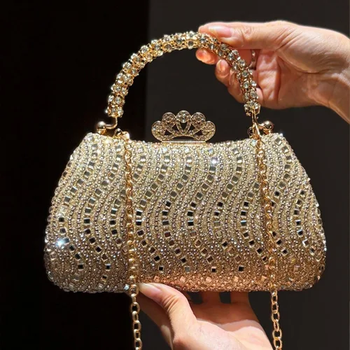 Vista 2 de Bolso de mano de noche con diamantes de imitación de cristal para mujer con cierre de corona de asa dorada, cadena desmontable formal para gala