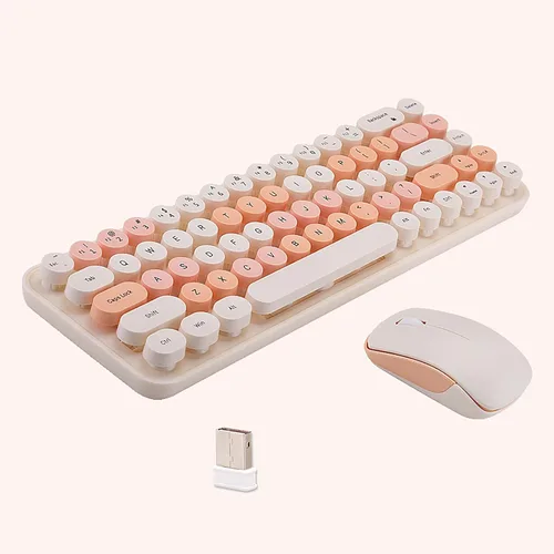 Vista 9 de Combo compacto de teclado y mouse inalámbricos, teclas redondas coloridas, 68 teclas sin sonido, adecuado para niñas y niños, compatible