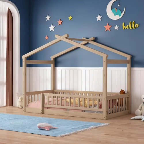 Vista 14 de Cama con dosel con valla, moderna cama de plataforma de madera maciza con cabecera y soporte de listones, moderna cama con paneles de 4 carteles Gris