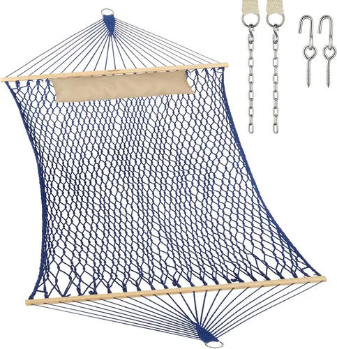 Vista 8 de JoyView Hamaca doble de cuerda tradicional, hamaca de algodón tejida a mano con barra separadora de madera dura y almohada, capacidad de 450 libras