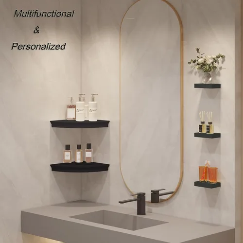 Vista 6 de HAO - Estante de esquina flotante invisible para montar en la pared, forma radial, patrón de agujero de alambre, perfecto para dormitorio, baño