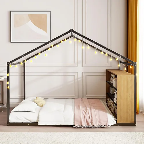 Vista 4 de Cama juguetona en forma de casa de tamaño matrimonial con estantes y luces, marco de cama de metal con techo para niños, adolescentes y adultos, un