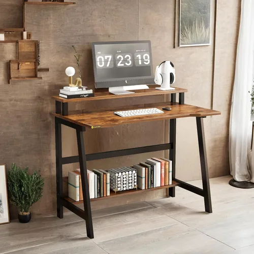 Vista 6 de Escritorio pequeño moderno de 31.5 pulgadas, escritorio compacto para computadora para oficina en casa y estudio, ahorro de espacio con estantes