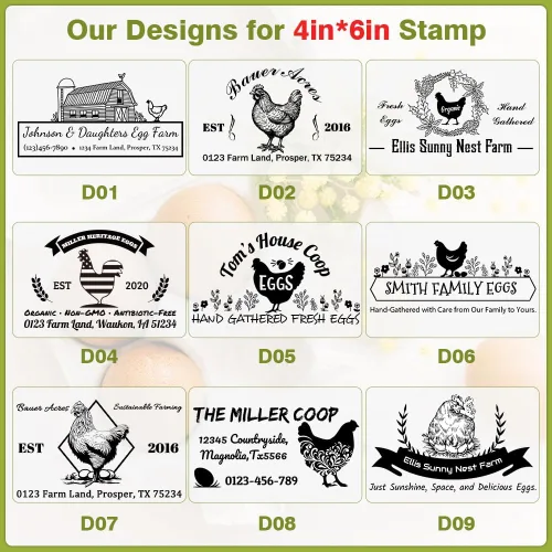 Vista 5 de Sellos personalizados de cartón de huevos frescos personalizados para huevos frescos de granja Sellos de goma de madera para etiquetado de envases