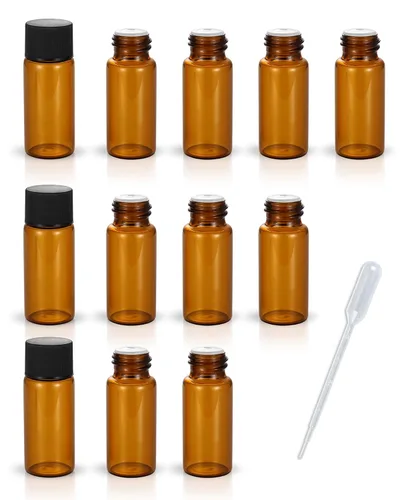 Vista 11 de Juego de 12 botellas de vidrio con tapa de rosca marrón, mini vial de aceite vacío (0.1 fl oz)