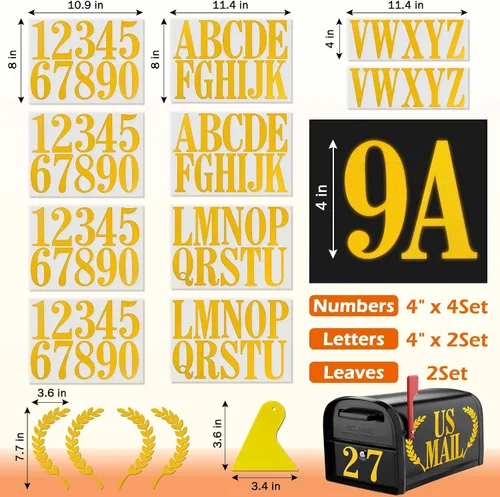 Vista 2 de Seloom 4" Calcomanías reflectantes para números de buzón y letras para exterior, adhesivas, números de buzón 4 juegos (0-9), letras 2 juegos (A-Z)
