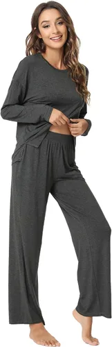 Vista 4 de NACHILA Pijamas para mujer, viscosa hecha de bambú, conjuntos de pijama de manga larga, cómodos pijamas plisados