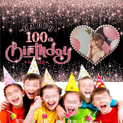 Vista 5 de Cartel personalizable de decoración de feliz cumpleaños número 100 de oro rosa - Personalización de fondo de fotos de gran tamaño - Admite fotos