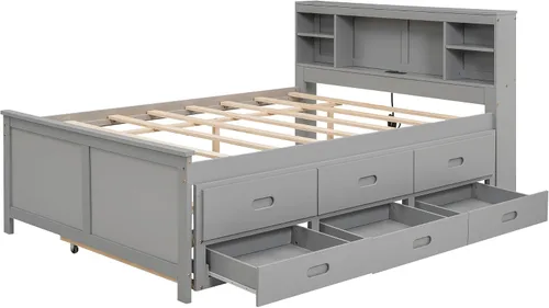 Vista 6 de VilroCaz Moderna cama de plataforma de tamaño matrimonial con cabecera de almacenamiento, base de cama de plataforma de madera maciza con nido