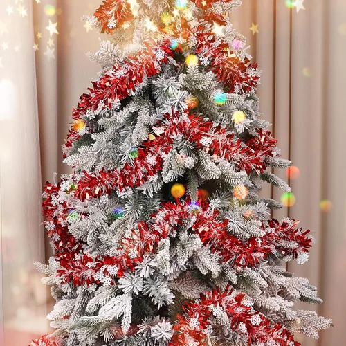 Vista 4 de CCINEE Guirnalda de oropel de Navidad de copo de nieve rojo de 32.8 pies, guirnalda metálica de oropel giratorio, decoración de árbol para fiesta