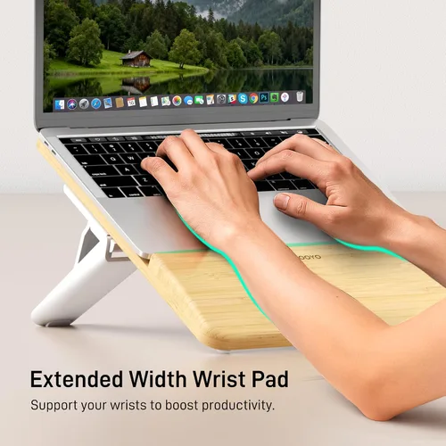 Vista 2 de AFOOYO Soporte ajustable de bambú para laptop, elevador de computadora portátil, soporte ergonómico para portátil con reposamuñecas, compatible