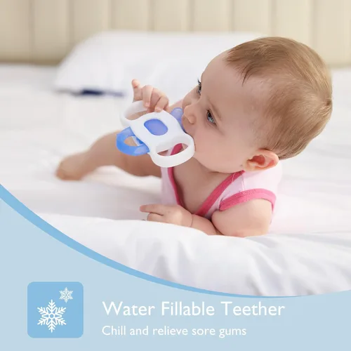 Vista 4 de Momcozy Juguetes mordedores para bebés, juguetes de dentición de silicona rellenables con agua fría para bebés, mordedor frío, mordedores de agua