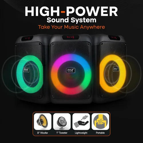 Vista 4 de Pyle Altavoz portátil Bluetooth para fiestas con woofer de 8 pulgadas, función TWS, batería recargable de 100W, entrada de micrófono, eco, control
