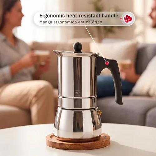 Vista 4 de Magefesa Genova - Cafetera espresso para estufa de 4 tazas, olla moka de acero inoxidable, compatible con inducción, cafetera Greca Plateado