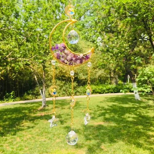 Vista 5 de WEISIPU Atrapasoles hecho a mano con cristal de luna, prisma de estrella, atrapasoles de arco iris, colgantes para ventana, jardín, hogar, patio